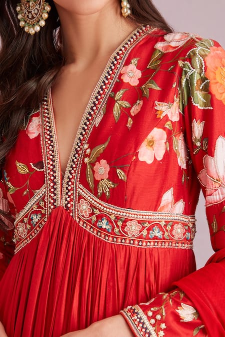 Buy_Ridhi Mehra_Red Net And Silk Block Print, Pearl, Thread & Cutdana V Neck Anarkali With Dupatta _Online_at_Aza_Fashions