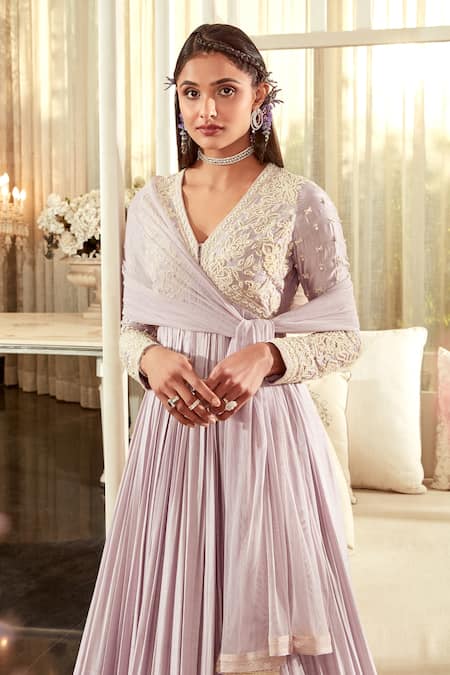 Ridhi Mehra_Purple Anarkali Silk Dupatta Net Embroidered Beads V Posie With  _Online_at_Aza_Fashions