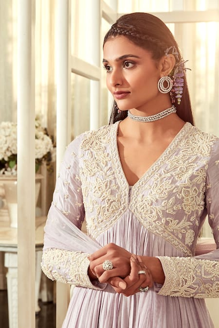 Buy_Ridhi Mehra_Purple Anarkali Silk Dupatta Net Embroidered Beads V Posie With  _Online_at_Aza_Fashions