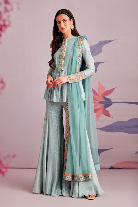 Ridhi Mehra_Blue Silk And Net Print & Embroidery Floral Winika Kurta Sharara Set  _Online_at_Aza_Fashions