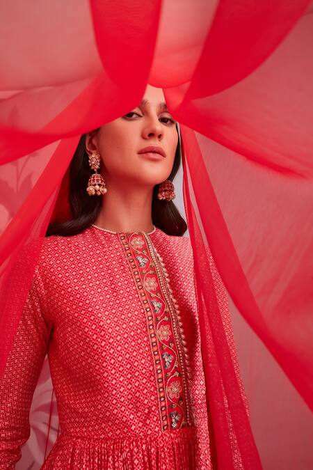 Ridhi Mehra Red Silk And Net Print & Embroidery Floral Tansy Kurta Sharara Set Online at Aza Fashions Ridhi Mehra_Red Silk And Net Print & Embroidery Floral Tansy Kurta Sharara Set _Online_at_Aza_Fashions