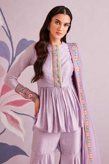 Ridhi Mehra_Purple Silk And Net Floral Print, Pearl, Sequin & Cutdana Sigal Kurta Sharara Set _Online_at_Aza_Fashions