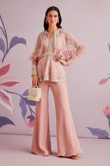 Ridhi Mehra Pink Net And Georgette Embroidery Pearl Notched Vervain Kurta Pant Set  