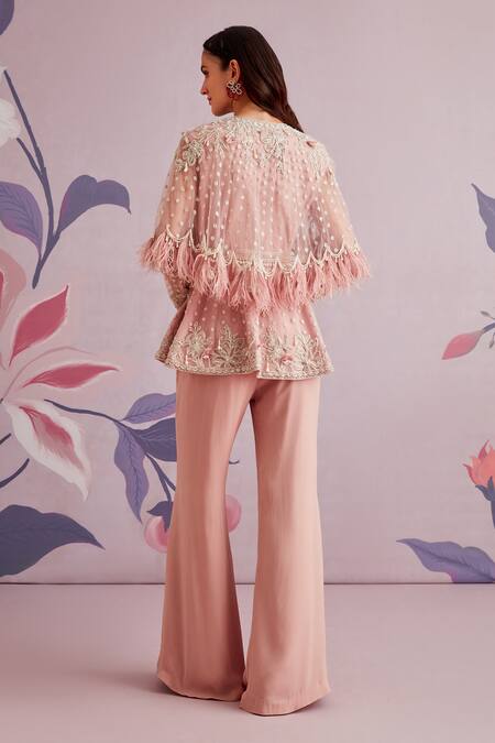 Shop Ridhi Mehra Pink Net And Georgette Embroidery Pearl Notched Vervain Kurta Pant Set at Aza Fashions Shop_Ridhi Mehra_Pink Net And Georgette Embroidery Pearl Notched Vervain Kurta Pant Set _at_Aza_Fashions