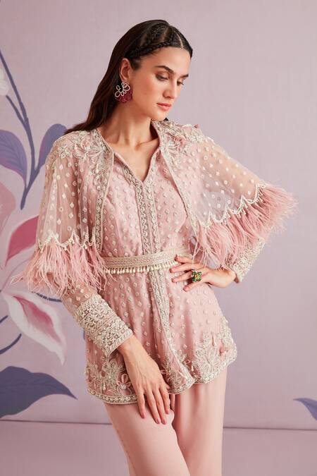 Ridhi Mehra Pink Net And Georgette Embroidery Pearl Notched Vervain Kurta Pant Set Online at Aza Fashions Ridhi Mehra_Pink Net And Georgette Embroidery Pearl Notched Vervain Kurta Pant Set _Online_at_Aza_Fashions