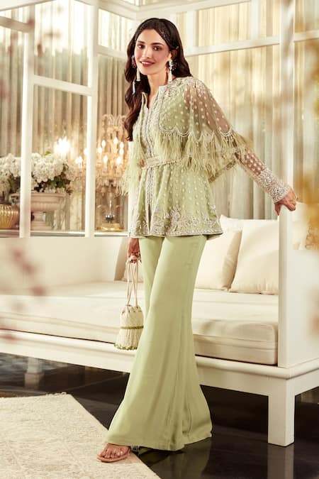 Buy_Ridhi Mehra_Green Tunic And Belt Net & Pant Georgette Azalea Cape Style & Set  _Online_at_Aza_Fashions