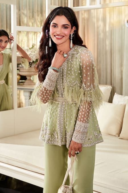 Shop_Ridhi Mehra_Green Tunic And Belt Net & Pant Georgette Azalea Cape Style & Set  _Online_at_Aza_Fashions
