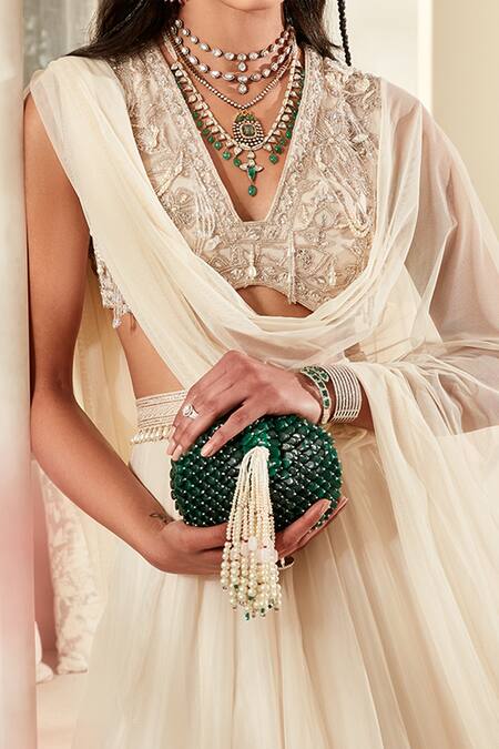 Shop_Ridhi Mehra_White Blouse, Dupatta And Belt Net & Lehenga Laurel Embroidered Bridal Set _Online_at_Aza_Fashions