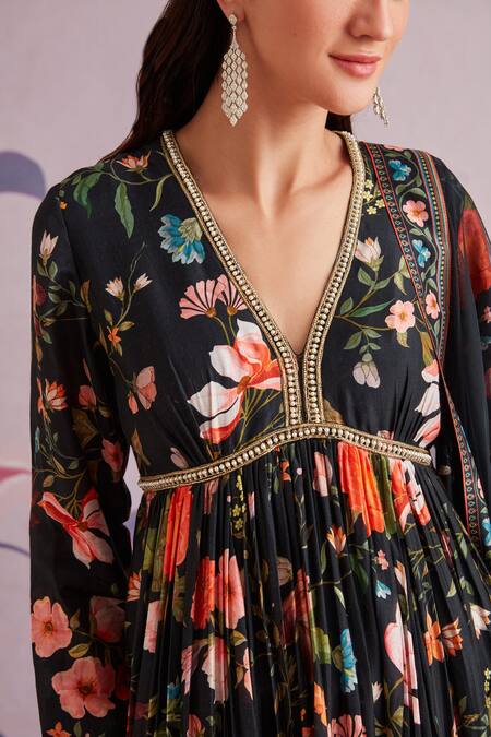 Ridhi Mehra_Black Silk And Net Floral Print & Pearl V Neck Florian Short Anarkali Sharara Set _Online_at_Aza_Fashions