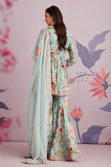 Shop Ridhi Mehra Green Anarkali, Gharara Silk Dupatta Net Floral Motifs Florian Printed Set at Aza Fashions Shop_Ridhi Mehra_Green Anarkali, Gharara Silk Dupatta Net Floral Motifs Florian Printed Set _at_Aza_Fashions