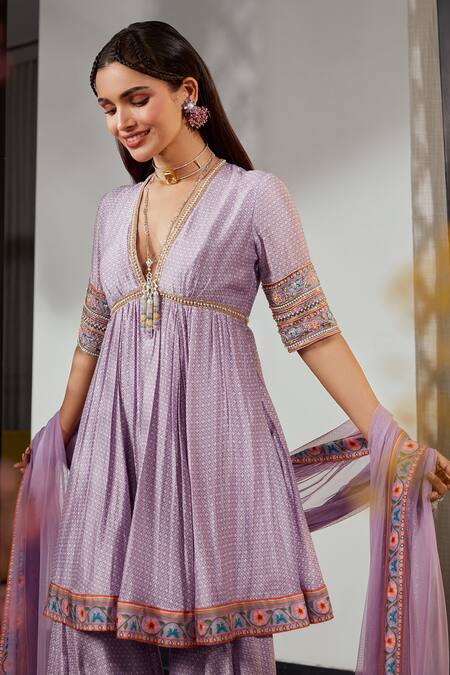 Ridhi Mehra_Purple Silk And Net Floral Print, Pearl & Cutdana V Ambrosia Anarkali Gharara Set _Online_at_Aza_Fashions