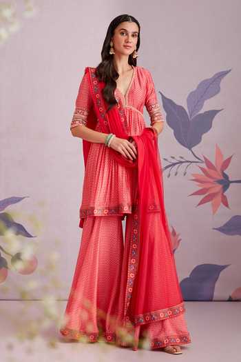 Ridhi Mehra_Red Anarkali Printed Floral Motifs V Neck Ambrosia Gharara Set  _Online_at_Aza_Fashions