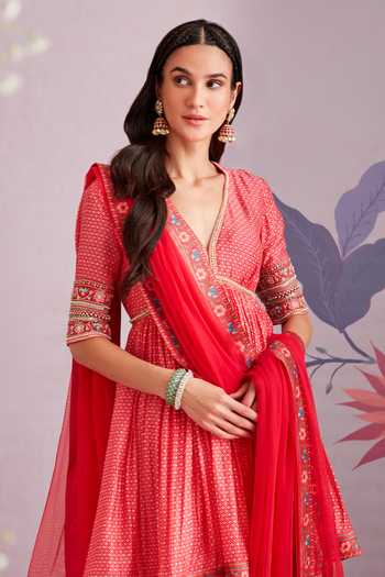 Buy_Ridhi Mehra_Red Anarkali Printed Floral Motifs V Neck Ambrosia Gharara Set  _Online_at_Aza_Fashions