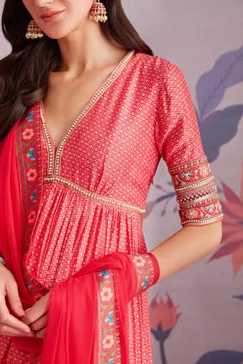 Shop_Ridhi Mehra_Red Anarkali Printed Floral Motifs V Neck Ambrosia Gharara Set  _Online_at_Aza_Fashions
