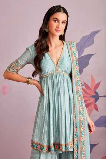 Ridhi Mehra_Blue Anarkali Printed Floral Motifs V Neck Ambrosia Gharara Set  _Online_at_Aza_Fashions