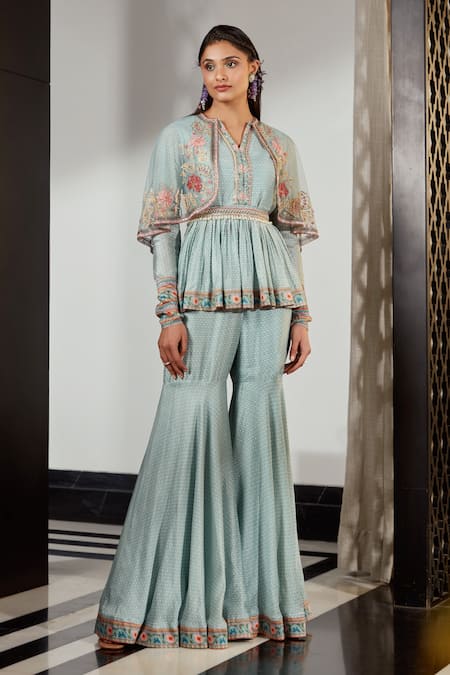 Ridhi Mehra Blue Silk And Net & Embroidery Floral Sage Cape & Pant Set 