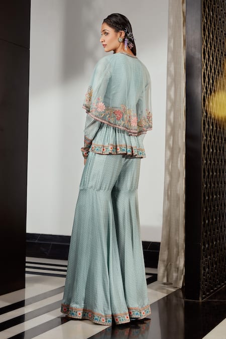 Shop_Ridhi Mehra_Blue Silk And Net & Embroidery Floral Sage Cape & Pant Set  _at_Aza_Fashions