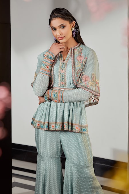 Ridhi Mehra_Blue Silk And Net & Embroidery Floral Sage Cape & Pant Set  _Online_at_Aza_Fashions