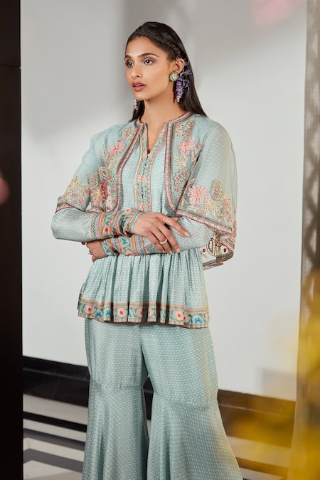 Buy_Ridhi Mehra_Blue Silk And Net & Embroidery Floral Sage Cape & Pant Set  _Online_at_Aza_Fashions