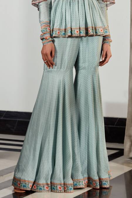 Shop_Ridhi Mehra_Blue Silk And Net & Embroidery Floral Sage Cape & Pant Set  _Online_at_Aza_Fashions