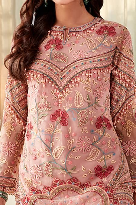 Shop_Ridhi Mehra_Pink Net Print And Embroidery Sequin Round Amaryllis Kurta & Pant Set  _Online_at_Aza_Fashions