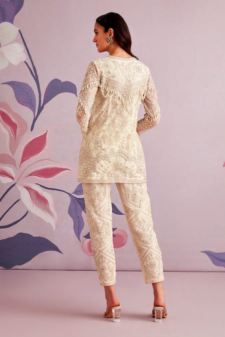 Shop Ridhi Mehra White Net Embroidered Floral Motifs Band Daphne Kurta And Pant Set at Aza Fashions Shop_Ridhi Mehra_White Net Embroidered Floral Motifs Band Daphne Kurta And Pant Set _at_Aza_Fashions