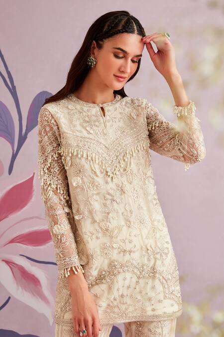 Buy Ridhi Mehra White Net Embroidered Floral Motifs Band Daphne Kurta And Pant Set Online at Aza Fashions Buy_Ridhi Mehra_White Net Embroidered Floral Motifs Band Daphne Kurta And Pant Set _Online_at_Aza_Fashions