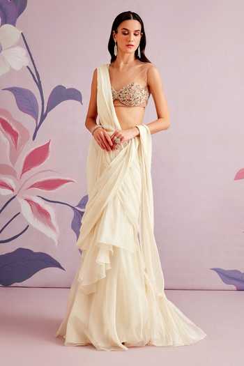 Ridhi Mehra White Saree Organa Blouse Net Embroidered Acacia Pre-draped With Online at Aza Fashions Ridhi Mehra_White Saree Organa Blouse Net Embroidered Acacia Pre-draped With _Online_at_Aza_Fashions