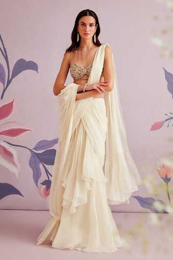 Buy Ridhi Mehra White Saree Organa Blouse Net Embroidered Acacia Pre-draped With Online at Aza Fashions Buy_Ridhi Mehra_White Saree Organa Blouse Net Embroidered Acacia Pre-draped With _Online_at_Aza_Fashions