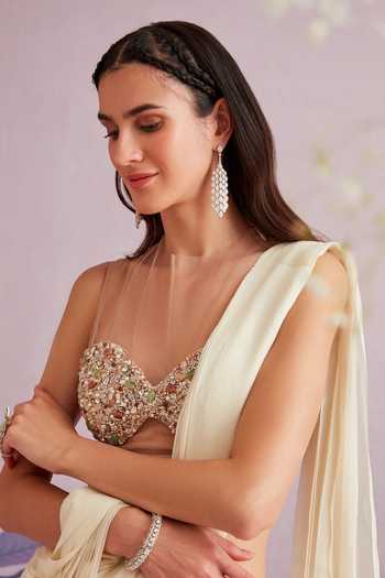 Shop Ridhi Mehra White Saree Organa Blouse Net Embroidered Acacia Pre-draped With Online at Aza Fashions Shop_Ridhi Mehra_White Saree Organa Blouse Net Embroidered Acacia Pre-draped With _Online_at_Aza_Fashions