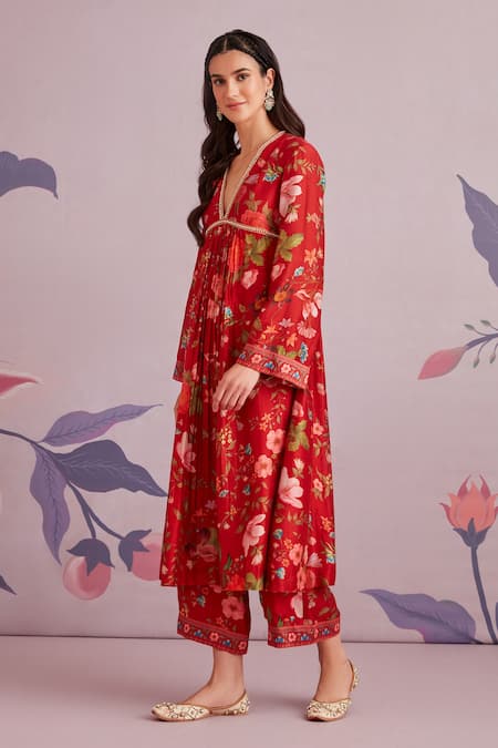 Buy_Ridhi Mehra_Red Kurta Printed Floral Motifs V Neck Oleander Set  _Online_at_Aza_Fashions
