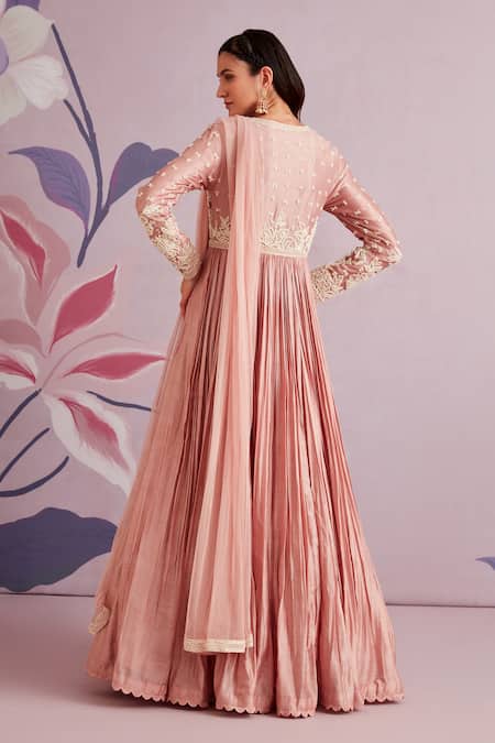 Shop Ridhi Mehra Pink Anarkali Silk Dupatta Net Embroidered Helenium Ruched With at Aza Fashions Shop_Ridhi Mehra_Pink Anarkali Silk Dupatta Net Embroidered Helenium Ruched With _at_Aza_Fashions
