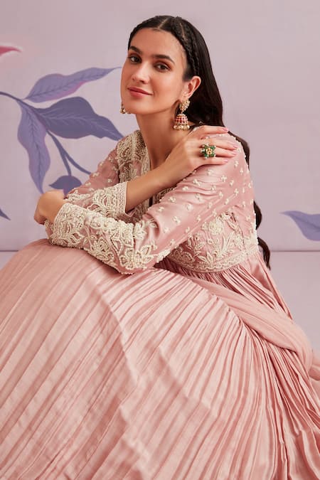 Buy Ridhi Mehra Pink Anarkali Silk Dupatta Net Embroidered Helenium Ruched With Online at Aza Fashions Buy_Ridhi Mehra_Pink Anarkali Silk Dupatta Net Embroidered Helenium Ruched With _Online_at_Aza_Fashions