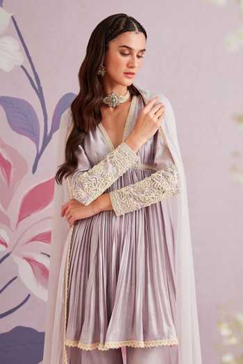 Ridhi Mehra_Purple Anarkali Embroidered Floral Motifs V Aram Silk Gharara Set  _Online_at_Aza_Fashions