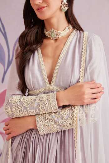 Buy_Ridhi Mehra_Purple Anarkali Embroidered Floral Motifs V Aram Silk Gharara Set  _Online_at_Aza_Fashions
