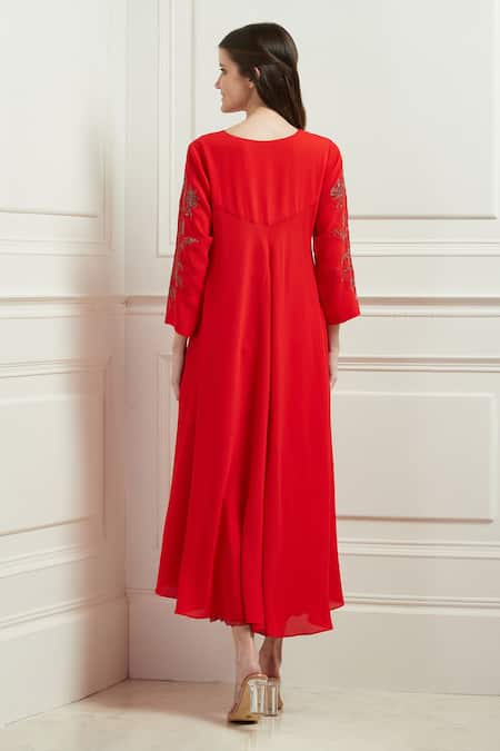 Shop RANNA GILL Red Crinkled Georgette Embroidered Bugle Bead Round Asymmetric Tunic at Aza Fashions Shop_RANNA GILL_Red Crinkled Georgette Embroidered Bugle Bead Round Asymmetric Tunic _at_Aza_Fashions