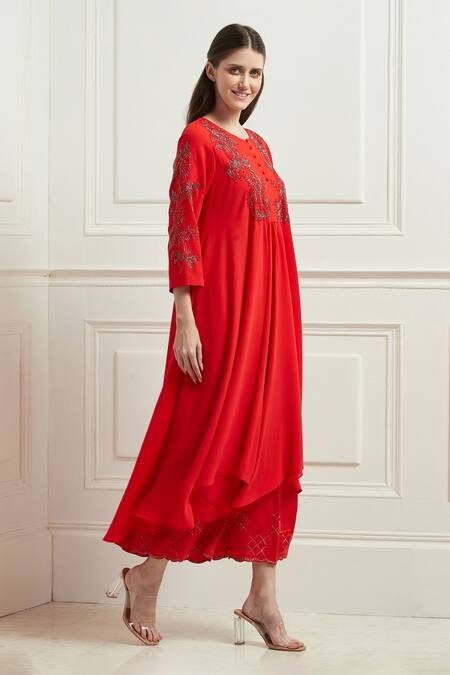 RANNA GILL Red Crinkled Georgette Embroidered Bugle Bead Round Asymmetric Tunic Online at Aza Fashions RANNA GILL_Red Crinkled Georgette Embroidered Bugle Bead Round Asymmetric Tunic _Online_at_Aza_Fashions