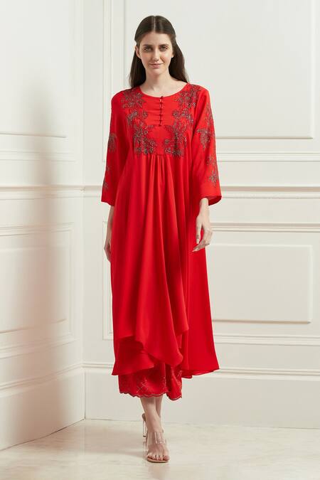 Buy RANNA GILL Red Crinkled Georgette Embroidered Bugle Bead Round Asymmetric Tunic Online at Aza Fashions Buy_RANNA GILL_Red Crinkled Georgette Embroidered Bugle Bead Round Asymmetric Tunic _Online_at_Aza_Fashions