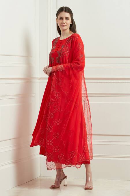 Shop RANNA GILL Red Crinkled Georgette Embroidered Bugle Bead Round Asymmetric Tunic Online at Aza Fashions Shop_RANNA GILL_Red Crinkled Georgette Embroidered Bugle Bead Round Asymmetric Tunic _Online_at_Aza_Fashions