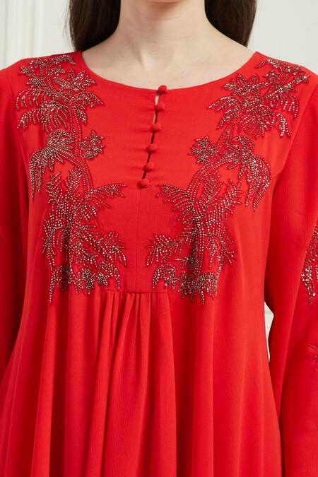 RANNA GILL Red Crinkled Georgette Embroidered Bugle Bead Round Asymmetric Tunic at Aza Fashions RANNA GILL_Red Crinkled Georgette Embroidered Bugle Bead Round Asymmetric Tunic _at_Aza_Fashions