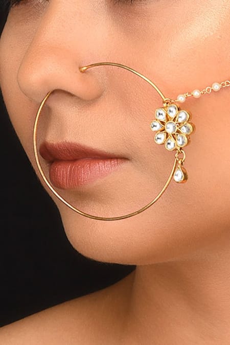 Riana Jewellery Gold Plated Stones, Beads Floral Nath Online at Aza Fashions Riana Jewellery_Gold Plated Stones, Beads Floral Nath _Online_at_Aza_Fashions