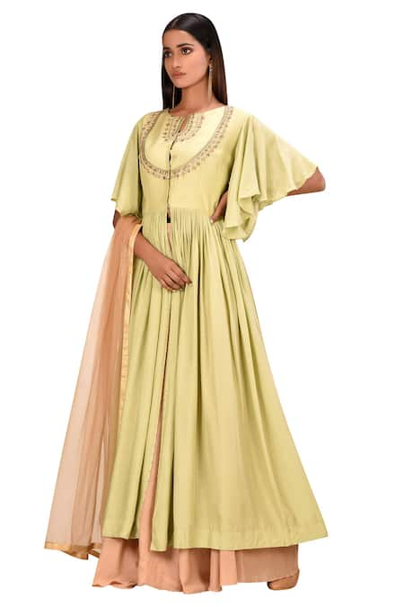 Khwaab by Sanjana Lakhani Green Muslin Embellished Anarkali Skirt Set