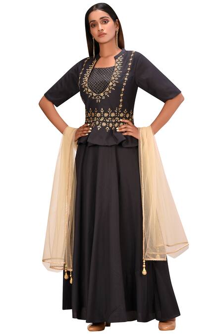 Buy_Khwaab by Sanjana Lakhani_Black Muslin Embellished Lehenga Set_at_Aza_Fashions