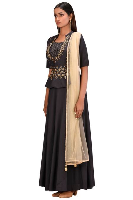 Khwaab by Sanjana Lakhani_Black Muslin Embellished Lehenga Set_Online_at_Aza_Fashions