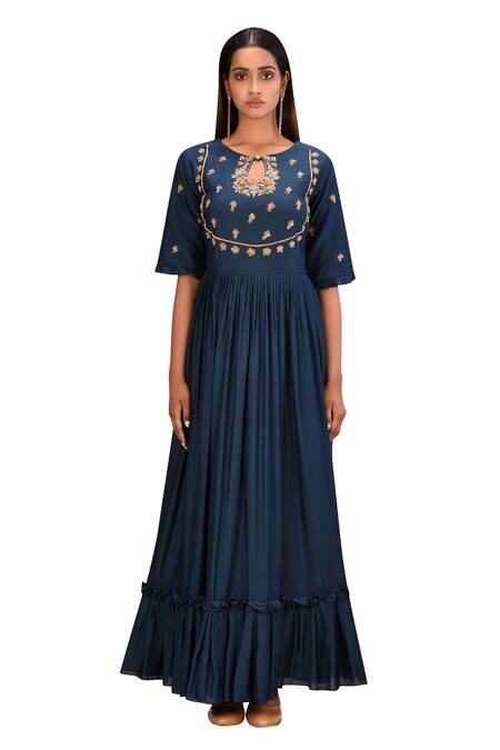 Khwaab By Sanjana Lakhani_Blue Muslin Embellished Anarkali With Dupatta_Online_at_Aza_Fashions