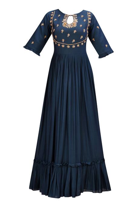 Buy_Khwaab By Sanjana Lakhani_Blue Muslin Embellished Anarkali With Dupatta_Online_at_Aza_Fashions