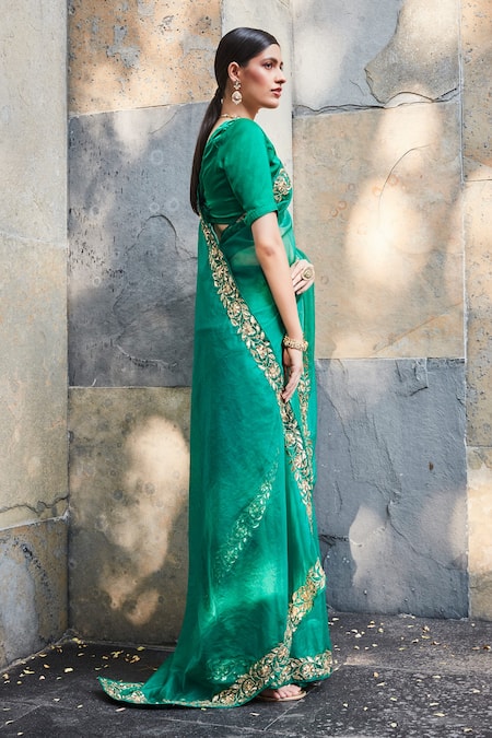 Ranian Green Satin , Organza Zardozi, Border Embroidered Saree With Blouse Online at Aza Fashions Ranian_Green Satin , Organza Zardozi, Border Embroidered Saree With Blouse _Online_at_Aza_Fashions