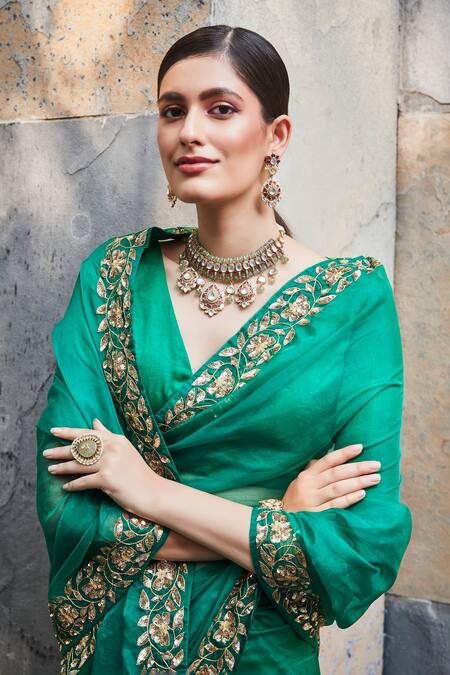 Buy Ranian Green Satin , Organza Zardozi, Border Embroidered Saree With Blouse Online at Aza Fashions Buy_Ranian_Green Satin , Organza Zardozi, Border Embroidered Saree With Blouse _Online_at_Aza_Fashions