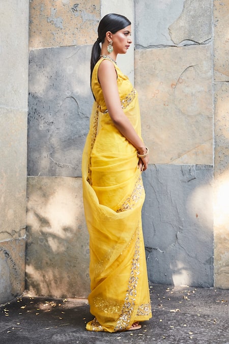 Ranian Yellow Satin , Organza Zardozi, Border Embroidered Saree With Blouse Online at Aza Fashions Ranian_Yellow Satin , Organza Zardozi, Border Embroidered Saree With Blouse _Online_at_Aza_Fashions