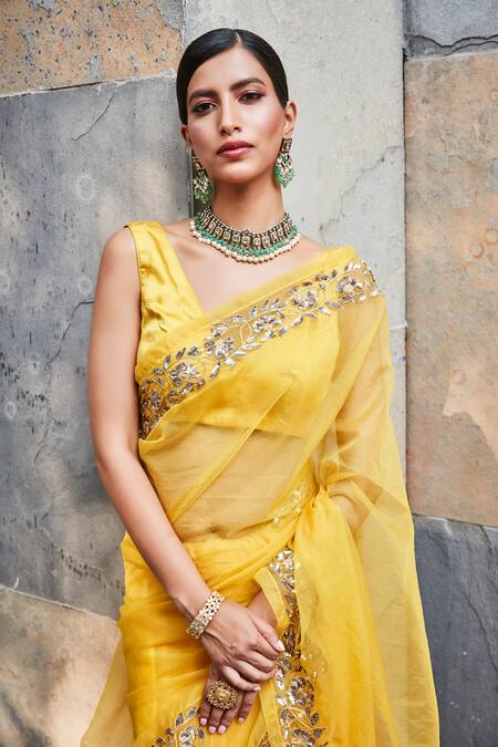 Buy Ranian Yellow Satin , Organza Zardozi, Border Embroidered Saree With Blouse Online at Aza Fashions Buy_Ranian_Yellow Satin , Organza Zardozi, Border Embroidered Saree With Blouse _Online_at_Aza_Fashions